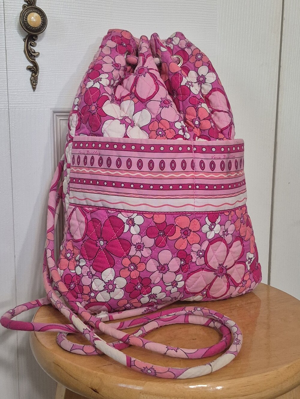 Y2K Vera Bradley Pink Petal Power Drawstring Backpack Quilted Fabric